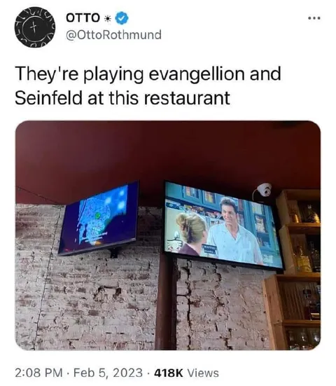 Evangelion and Seinfeld at Dinner