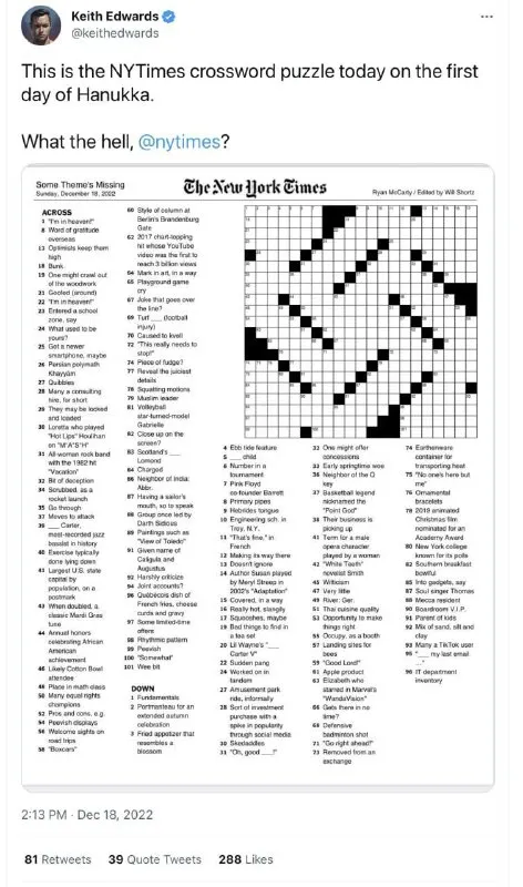 NYT Hanukkah Crossword Missing Theme