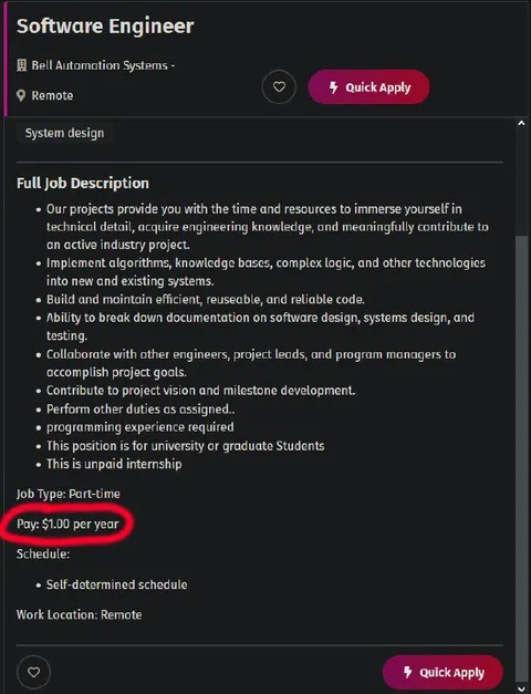 Software Engineer Paid One Dollar