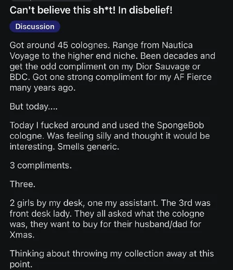 SpongeBob Cologne Gets Three Compliments