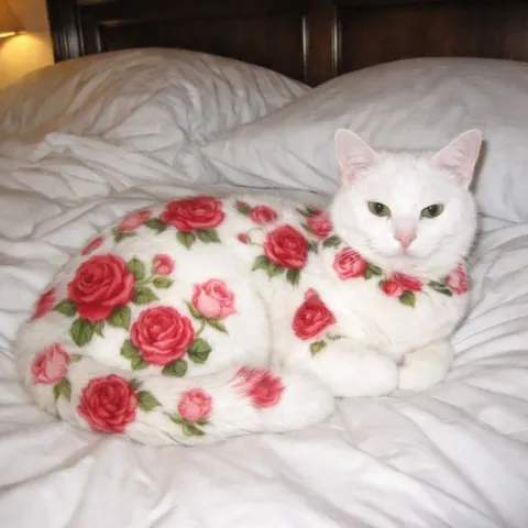 Белая кошка в розах