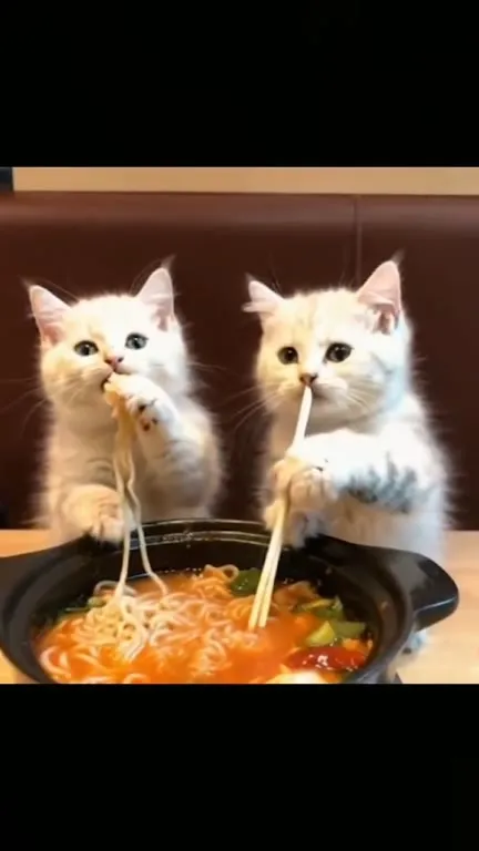 Котята едят лапшу