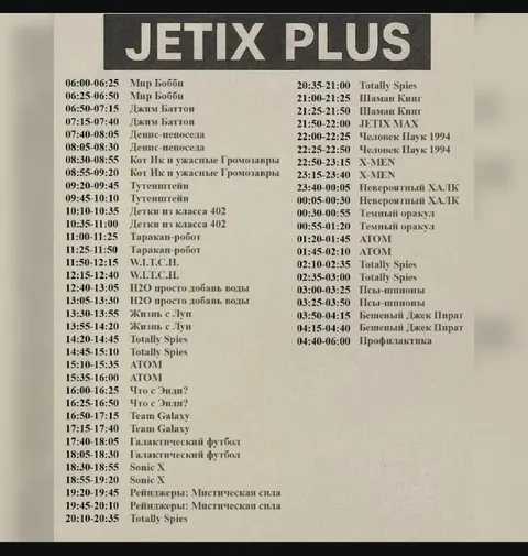 Расписание Jetix Plus из детства
