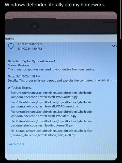 Windows Defender Ate My Homework