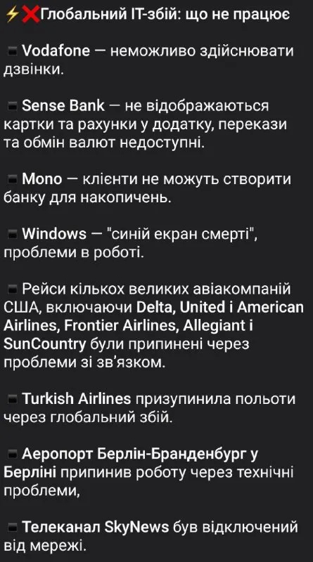 Глобальний IT-збій: що не працює