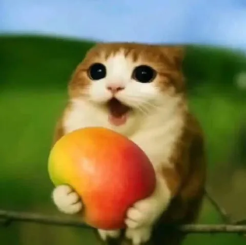 Котик с огромным яблоком