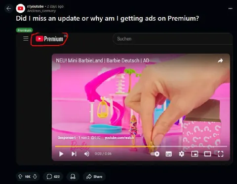 YouTube Premium zeigt Werbung
