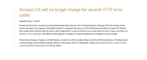 Amazon S3 Error Charges Update
