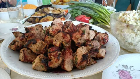 Пережаренный шашлык на столе