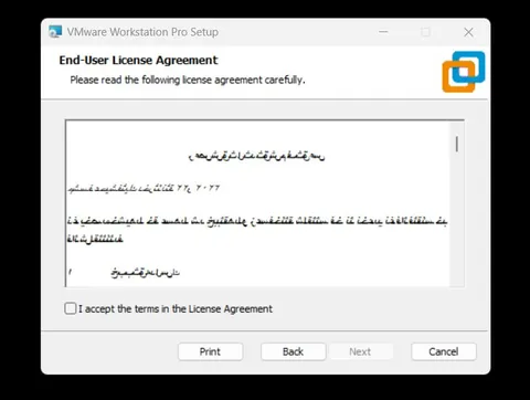 Unreadable VMware License Agreement