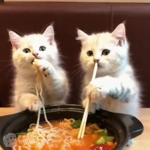 Котята едят лапшу