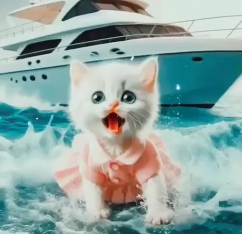 Котёнок переживает морское приключение