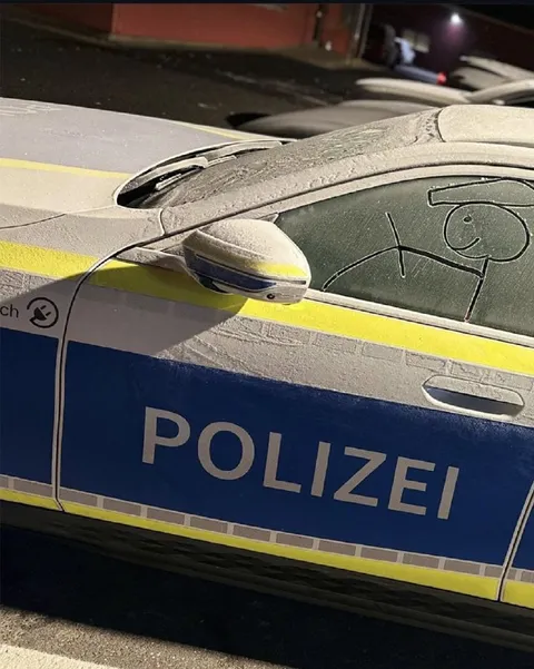 Staubiger Polizeiwagen mit Zeichnung