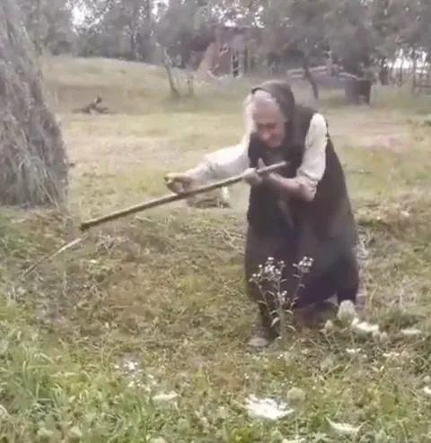 Бабушка с длинной палкой