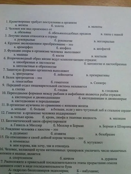 Школьный тест по биологии