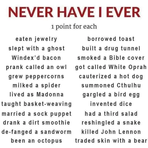 Never Have I Ever Absurd Checklist