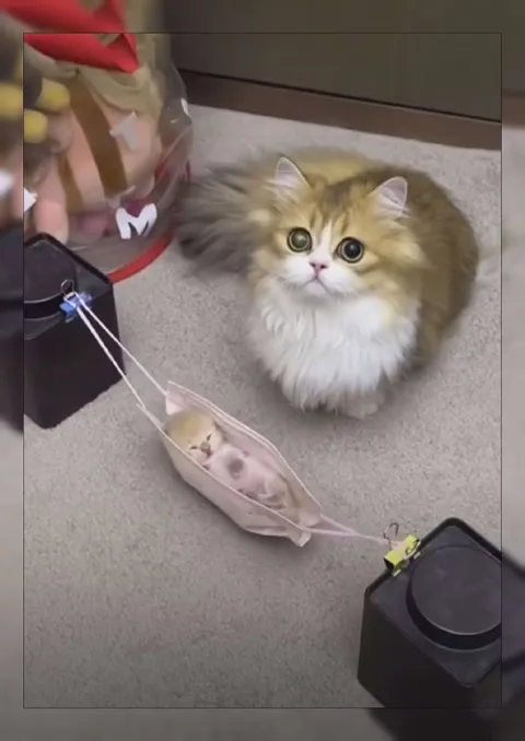 Котёнок и мышка на верёвке