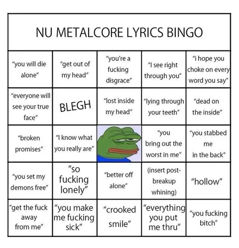 Nu Metalcore Lyrics Bingo