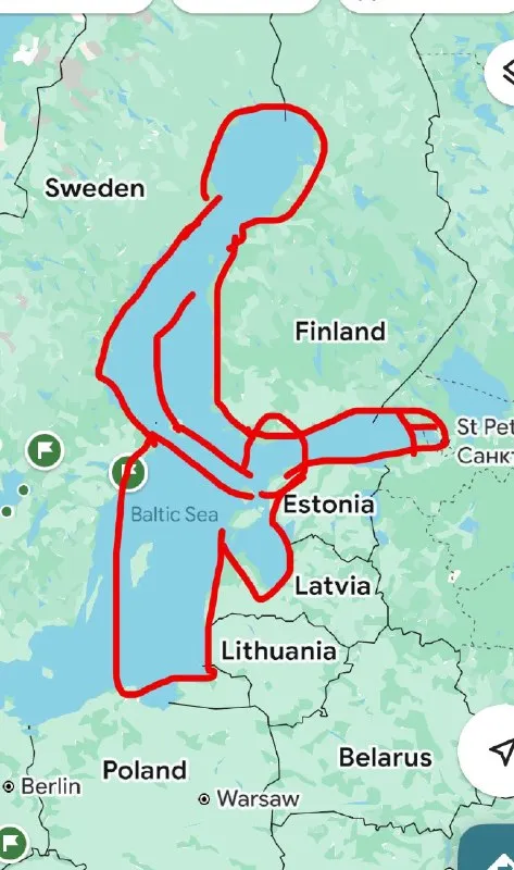 Red Drawing Across the Baltic Sea