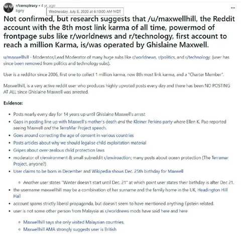 Reddit Account Operated by Ghislaine Maxwell