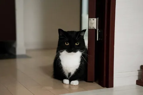 Кот выглядывает из-за двери
