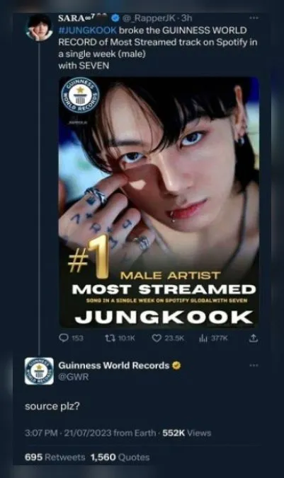Jungkook Guinness World Record Tweet