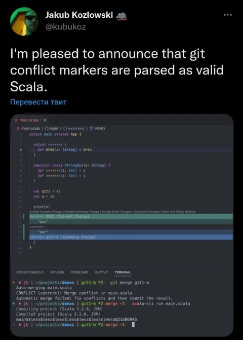 Git conflict markers are valid Scala