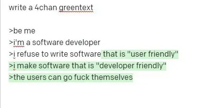 Developer Friendly Software Greentext