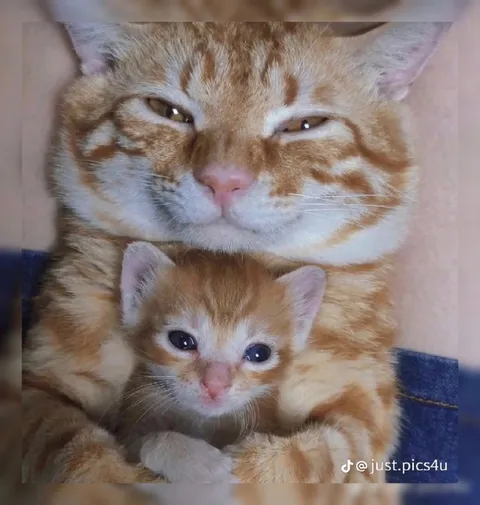 Кот обнимает маленького котёнка