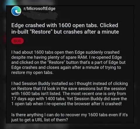 Edge Crashed With 1600 Tabs