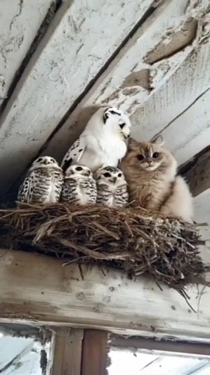 Кот среди совят в гнезде