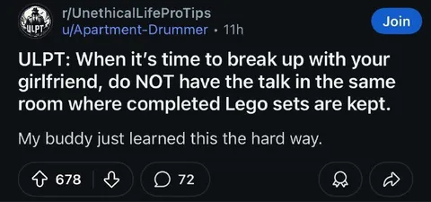 Breakup Near Completed Lego Sets