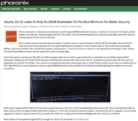 Ubuntu 26.10 Strips GRUB Features