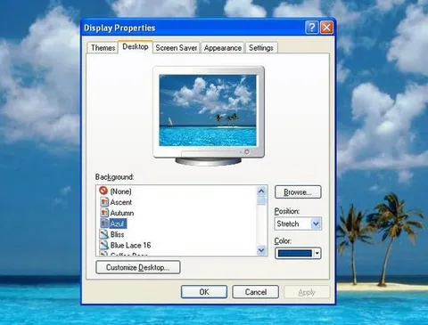 Windows XP Bliss Wallpaper Settings