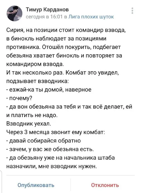 Обезьяна заменяет взводника