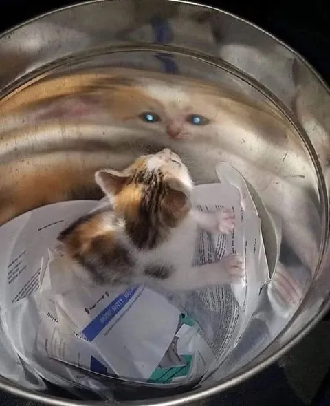 Кот в миске и его отражение