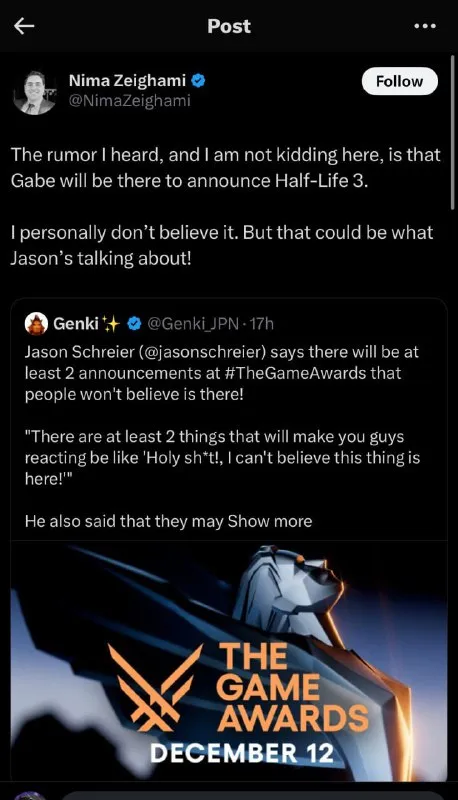 Half-Life 3 Game Awards Rumor