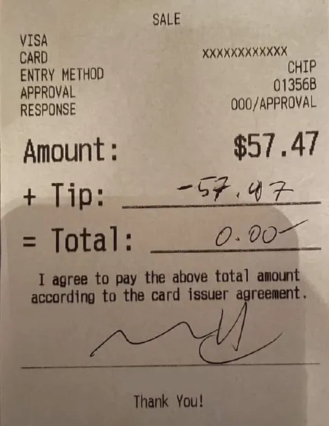 Zero Dollar Tip Receipt