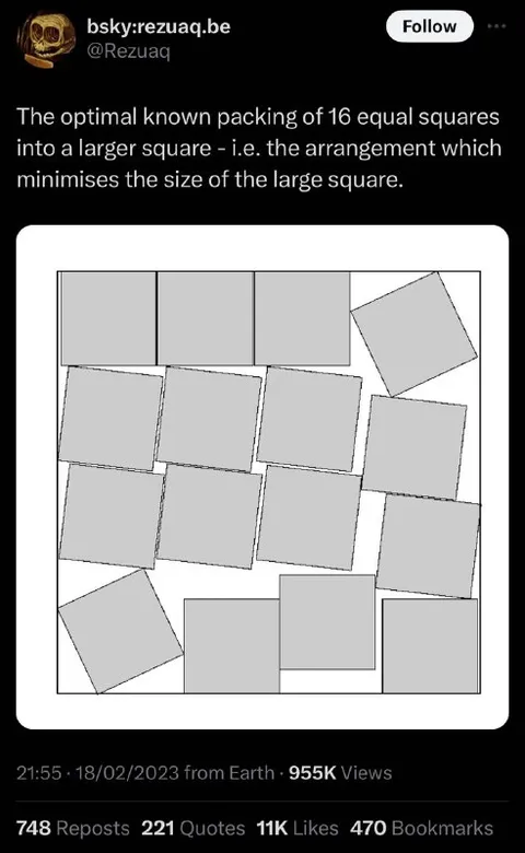 Optimal Packing of 16 Squares