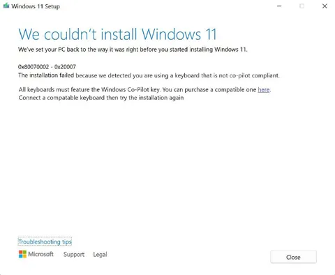 Windows 11 Co-Pilot Keyboard Error