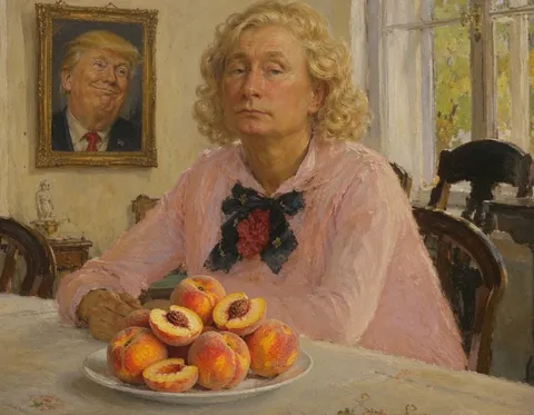 Трамп за столом с персиками