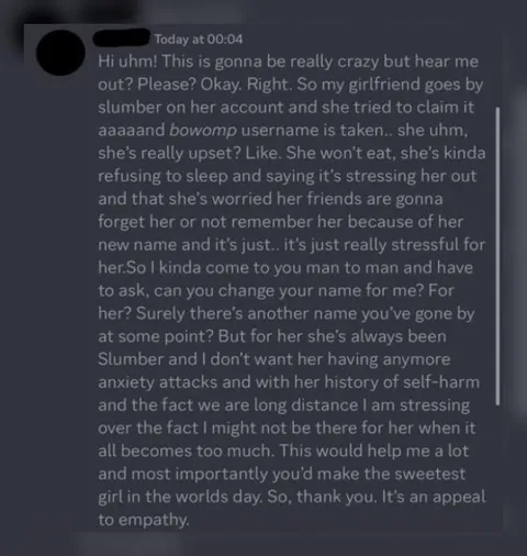 Appeal to Empathy for a Username