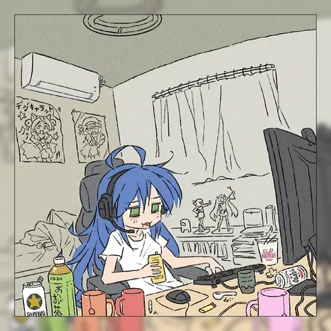ゲームに夢中な青髪女子