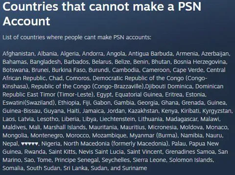 Countries That Cannot Make a PSN Account