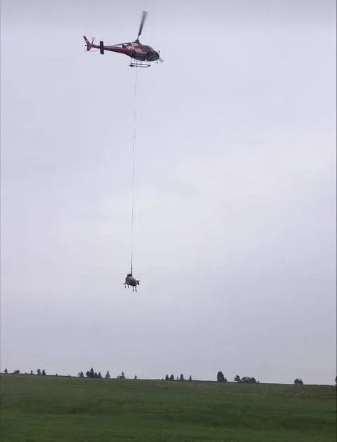 Корова на верёвке под вертолётом