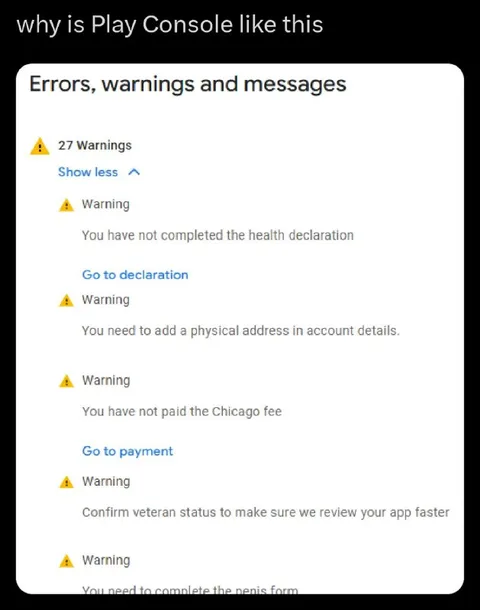 Play Console Warning Overload