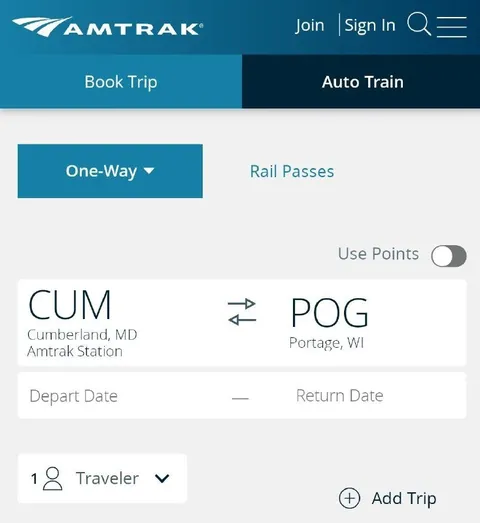 Amtrak CUM to POG Route