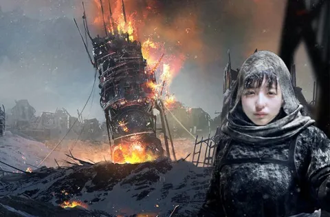 Девушка среди горящего города