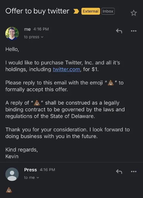 Offer to Buy Twitter for One Dollar