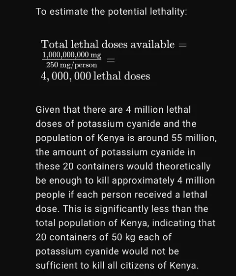Potassium Cyanide Kenya Calculation